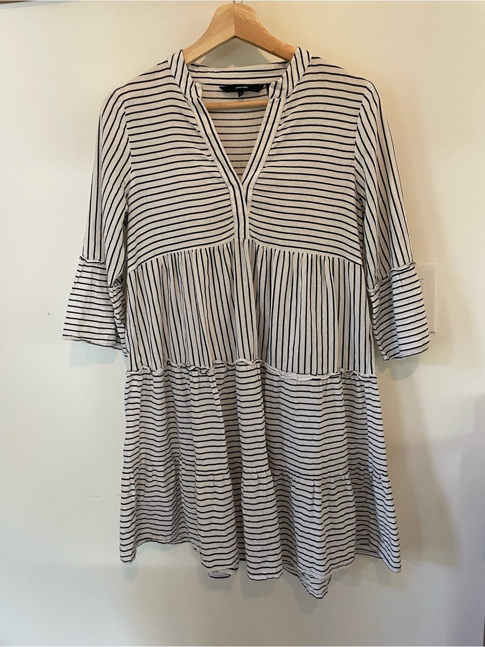 Striped V-Neck Tiered Women's Dress in White and Black